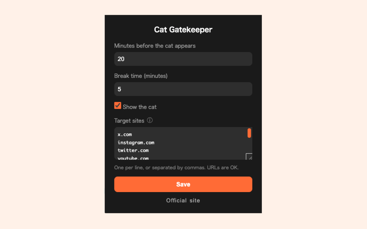Cat Gatekeeper preview with the extension menu